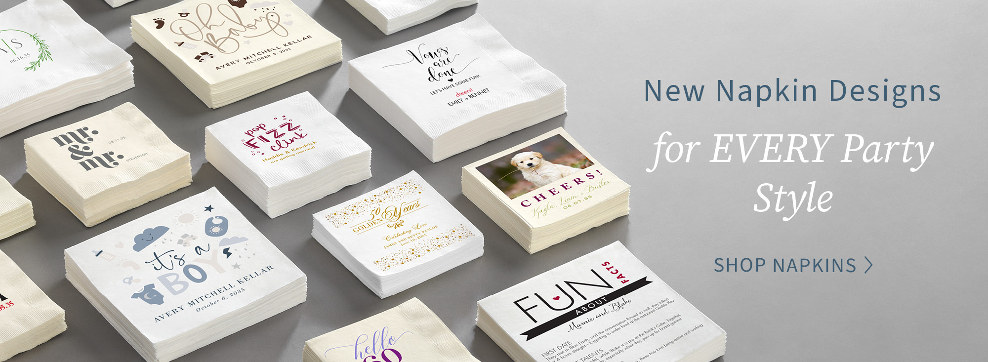 Stacks of personalized napkins are shown with new and exciting designs for events.